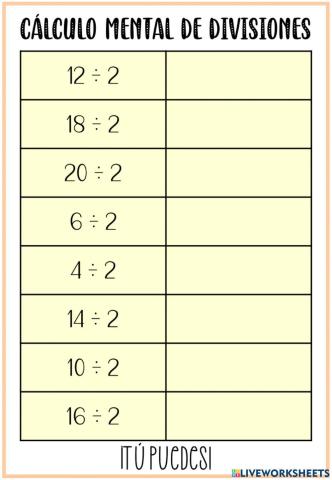 Cálculo mental divisiones (entre 2)