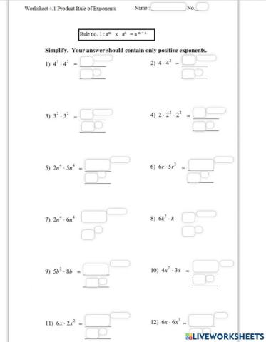 Worksheet 4.1 Product rule of exponents