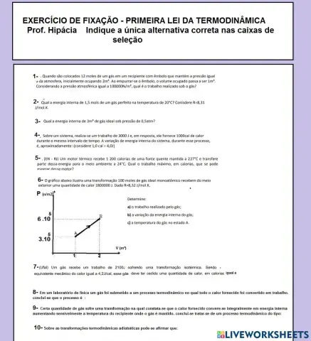 Exercícios primeira lei Termodinâmica