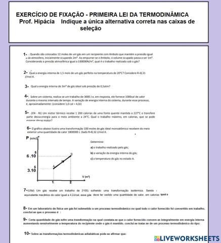 Exercícios primeira lei Termodinâmica