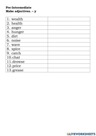 Pre-Intermediate  Make adjectives. – y