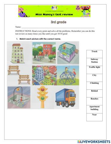 INGLÉS-test review 3rd grade. Agosto