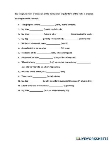 Plurals and third person singular ending practice