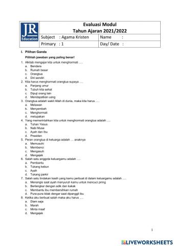 Evaluasi Agama Kristen kelas 1