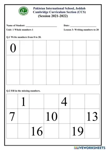 Writing numbers to 20