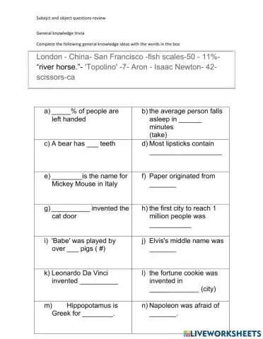 Object and subject questions trivia