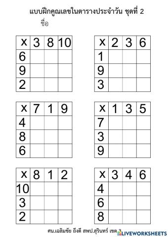 แบบฝึกคูณเลขในตารางประจำวัน ชุดที่ 2 ศุกร์ที่ 27-8-2564