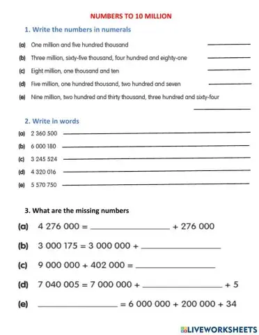 Numbers to 10 million