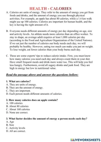 Reading - Health - CALORIES