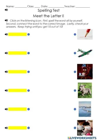 Spelling Test for Meet the Letter I. Words tip, spit, sit, pit, mist, and sip