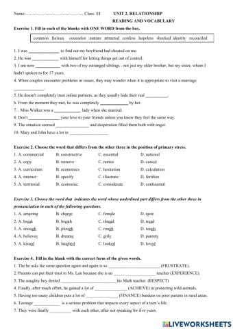 Grade 11 Unit 2 RELATIONSHIP