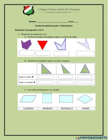 Examen de admisión grado 5°