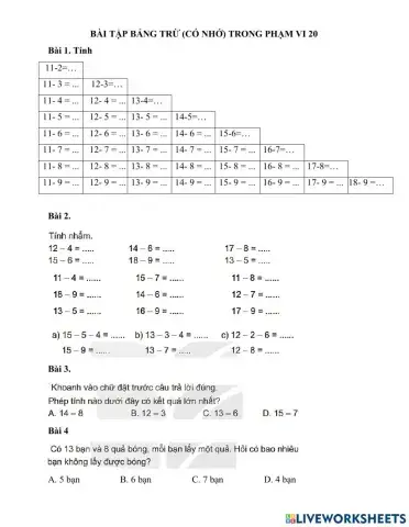 Bảng trừ có nhớ phạm vi 20