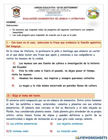 Evaluacion diagnostica de lengua