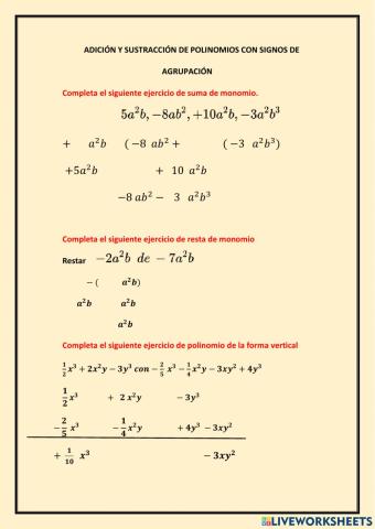 Adición y sustracción de polinomios con signos de agrupación