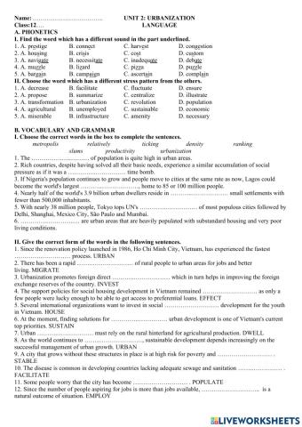 Grade 12 unit 2 URBANIZATION  language