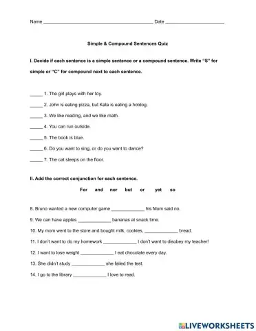 Simple & Compound Sentences Quiz