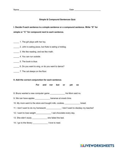 Simple & Compound Sentences Quiz