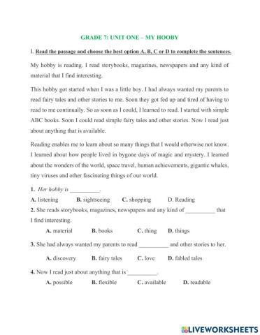 E7 -  Unit 1 - Hobby reading