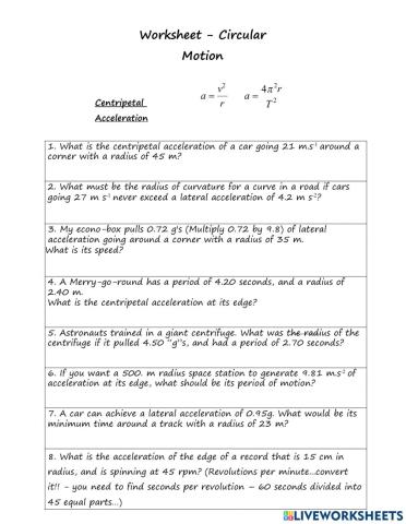 Circular Motion Worksheet