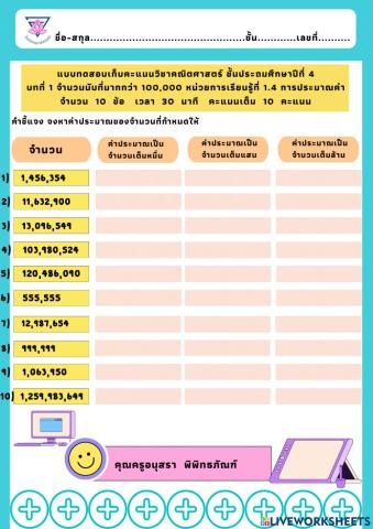 แบบทดสอบเก็บคะแนน เรื่องการประมาณค่า
