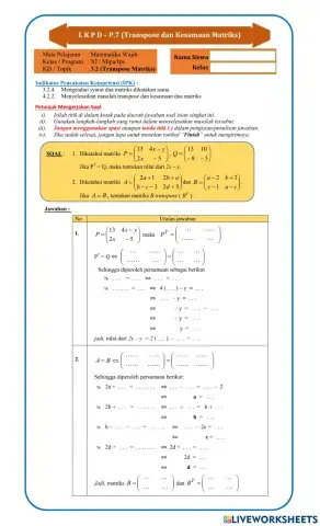 LKPD Transpose & kesamaan Dua Matriks