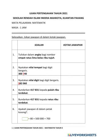 Ujian pertengahan tahun matematik tahun 5