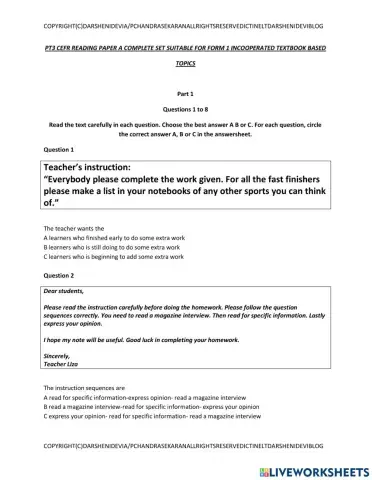 Pt3 reading paper complete set FORM 1