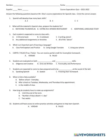 Class Expectations Quiz