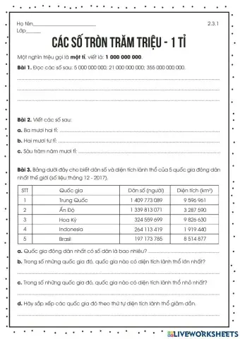Toán 2.3 -CÁC SỐ TRÒN TRĂM TRIỆU – 1 TỶ