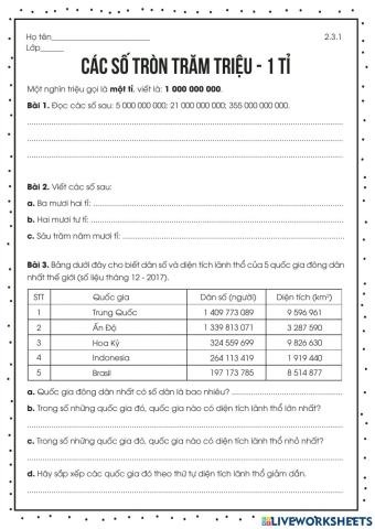 Toán 2.3 -CÁC SỐ TRÒN TRĂM TRIỆU – 1 TỶ