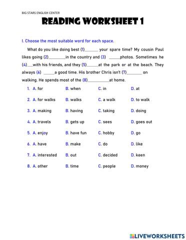 Reading worksheet 1