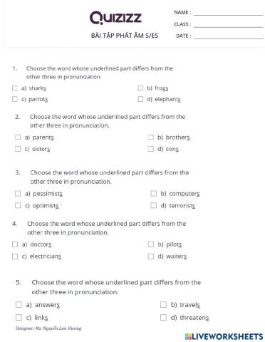 Bài tập phát âm e- es