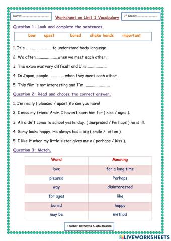 7th Unit 1 Vocabulary Worksheet