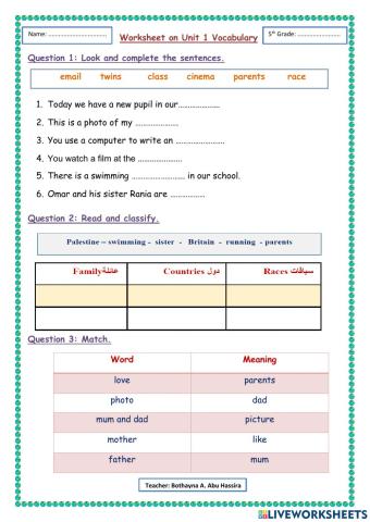Unit 1: Vocabulary Worksheet