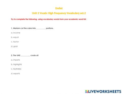 High Frequency Vocabulary- Act.2