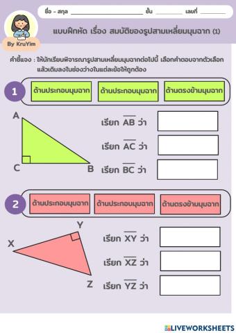แบบฝึกหัด เรื่อง สมบัติของรูปสามเหลี่ยมมุมฉาก(1)