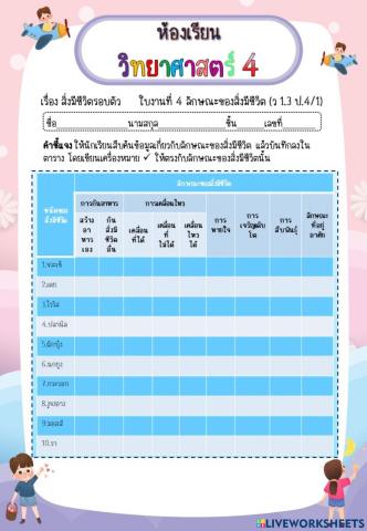ใบงานที่ 4 ป.4 ลักษณะของสิ่งมีชีวิต (ว 1.3 ป.4-1)