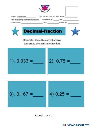 Decimals convert fraction