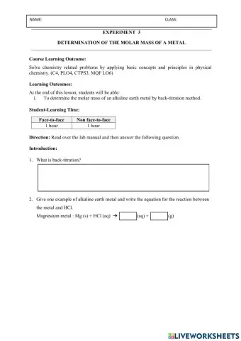 Prelab EXP 3:DETERMINATION OF THE MOLAR MASS OF A METAL