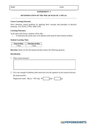 Prelab EXP 3:DETERMINATION OF THE MOLAR MASS OF A METAL