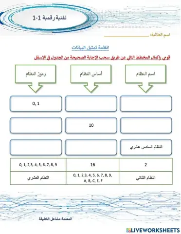 ورقة عمل الانظمة العددية