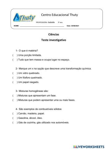 Teste investigativo de Ciências- 5º ano