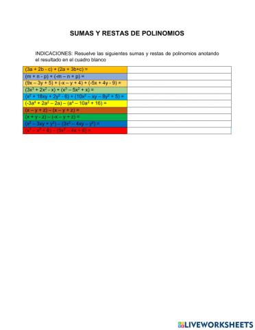 Sumas y restas de polinomios