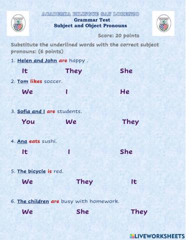 Grammar Test Object Pronouns