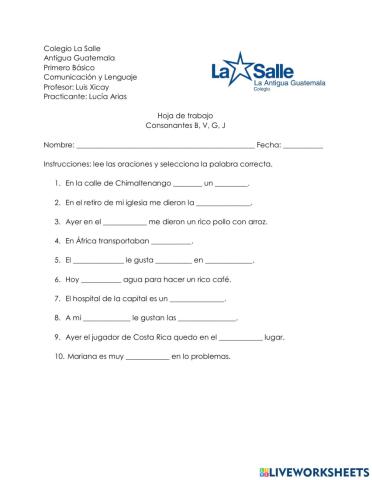 Hoja de trabajo Consonantes b, v, g, j