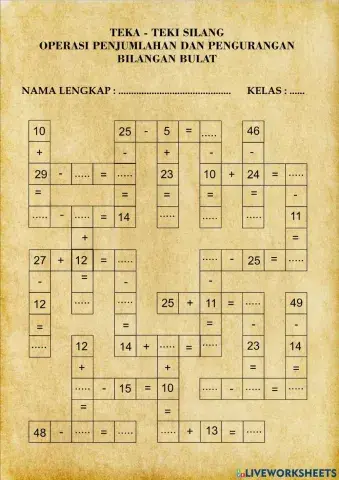 Teka Teki Silang Penjumlahan dan Pengurangan Bilangan Bulat