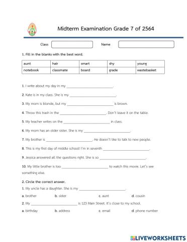 Midterm Examination Grade 7 of 2564