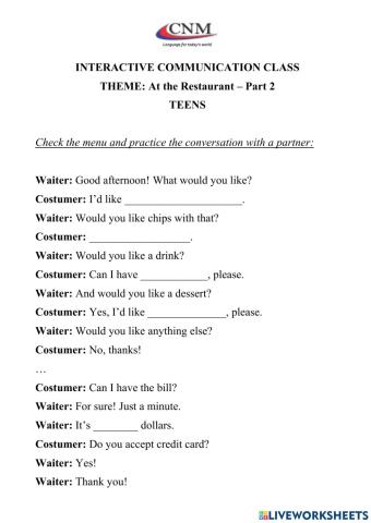 Communicative Activity - At the Restaurant Part 2 - Teens