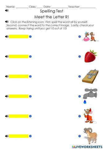 Spelling Test for Meet the Letter R!  Words drip - ram - rat - red - rats - trap